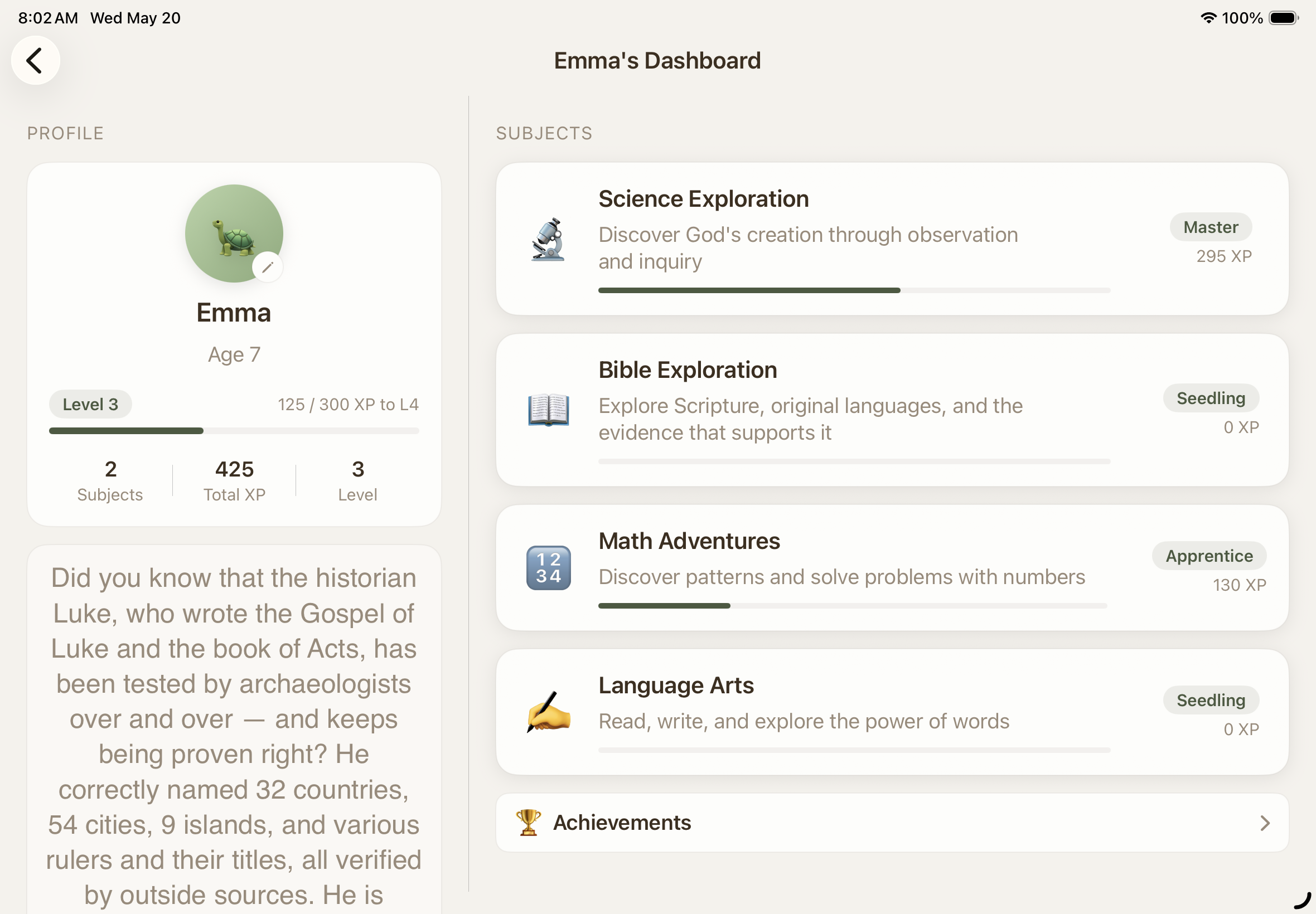 Child dashboard with subject cards showing Master, Seedling, and Apprentice tiers