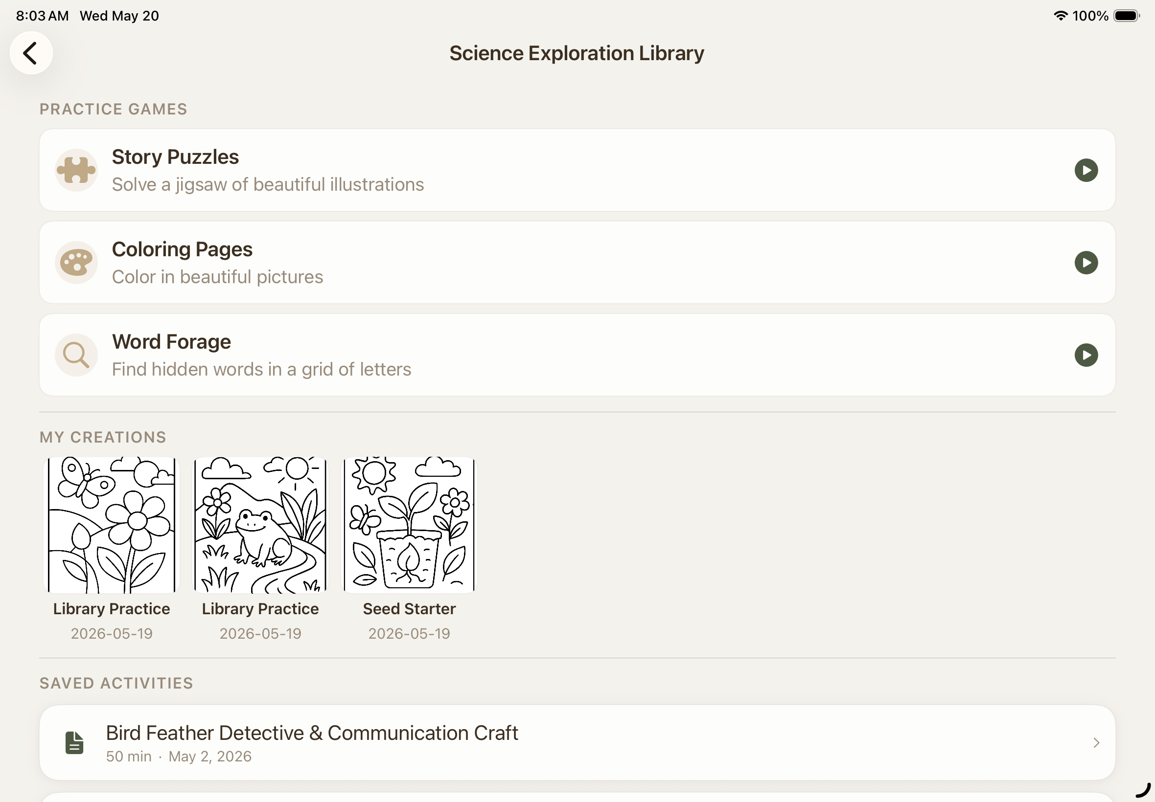 Science Library with practice games, saved creations, and activities