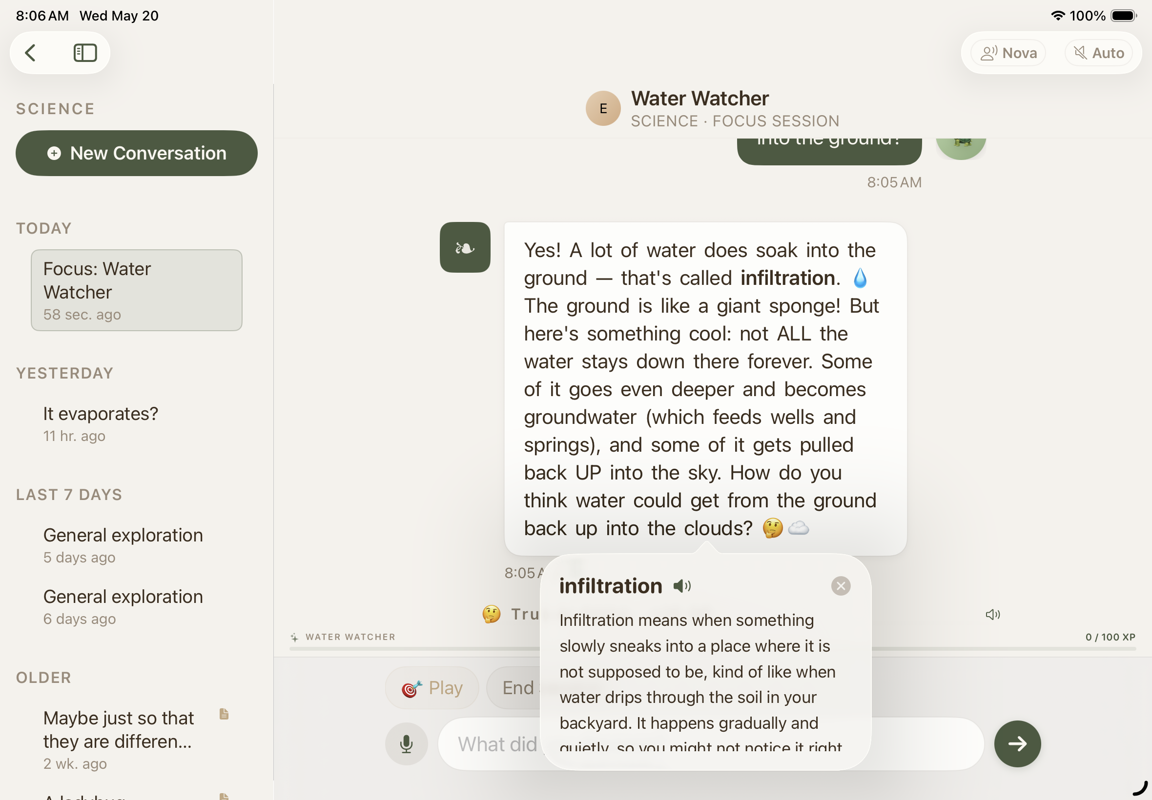 Chat session with tap-to-define popover