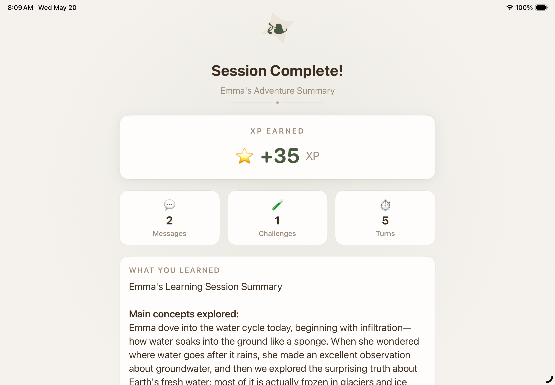 Session Complete summary with XP earned and concepts explored