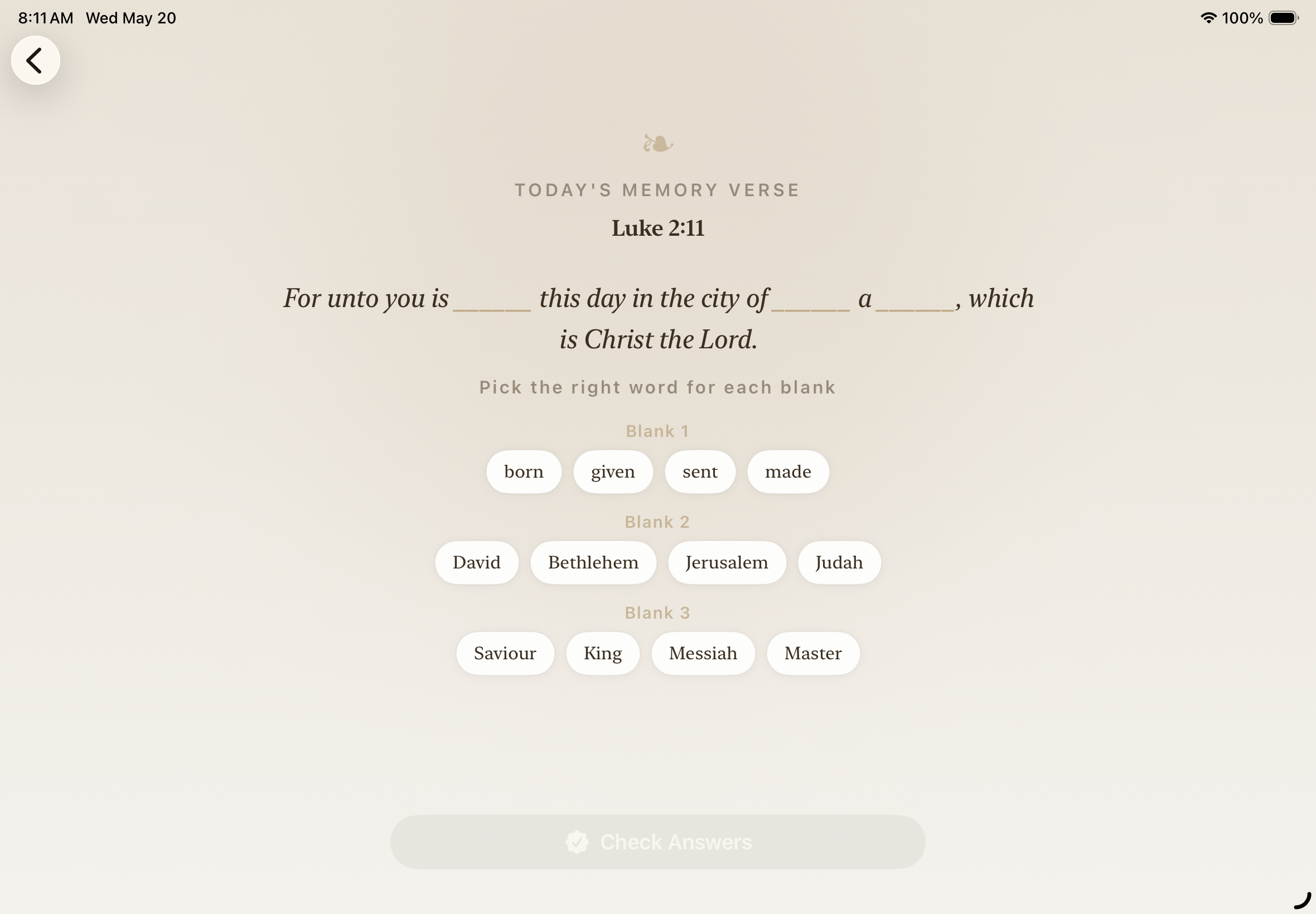 The memory verse test: Luke 2:11 with three blanks and a row of word choices under each