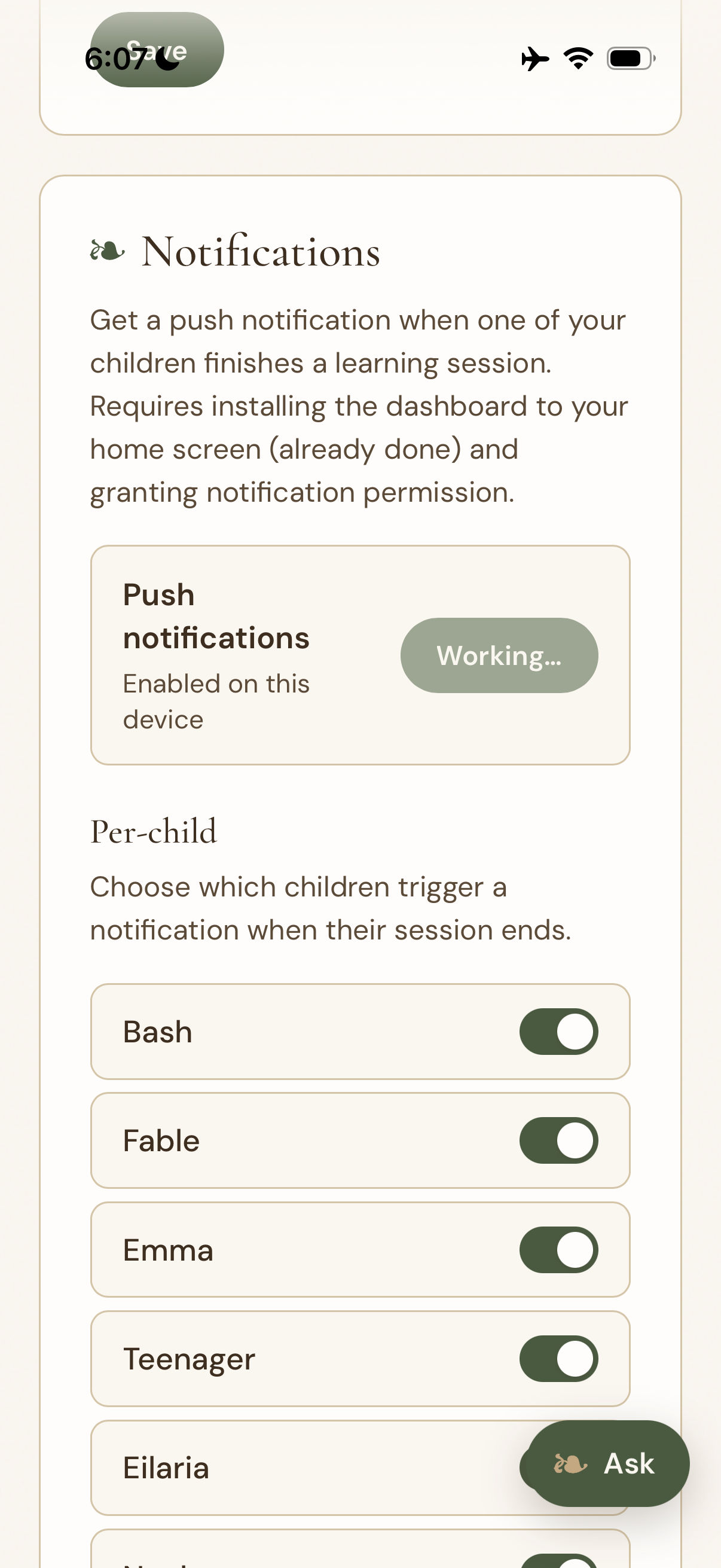 Per-child notification settings