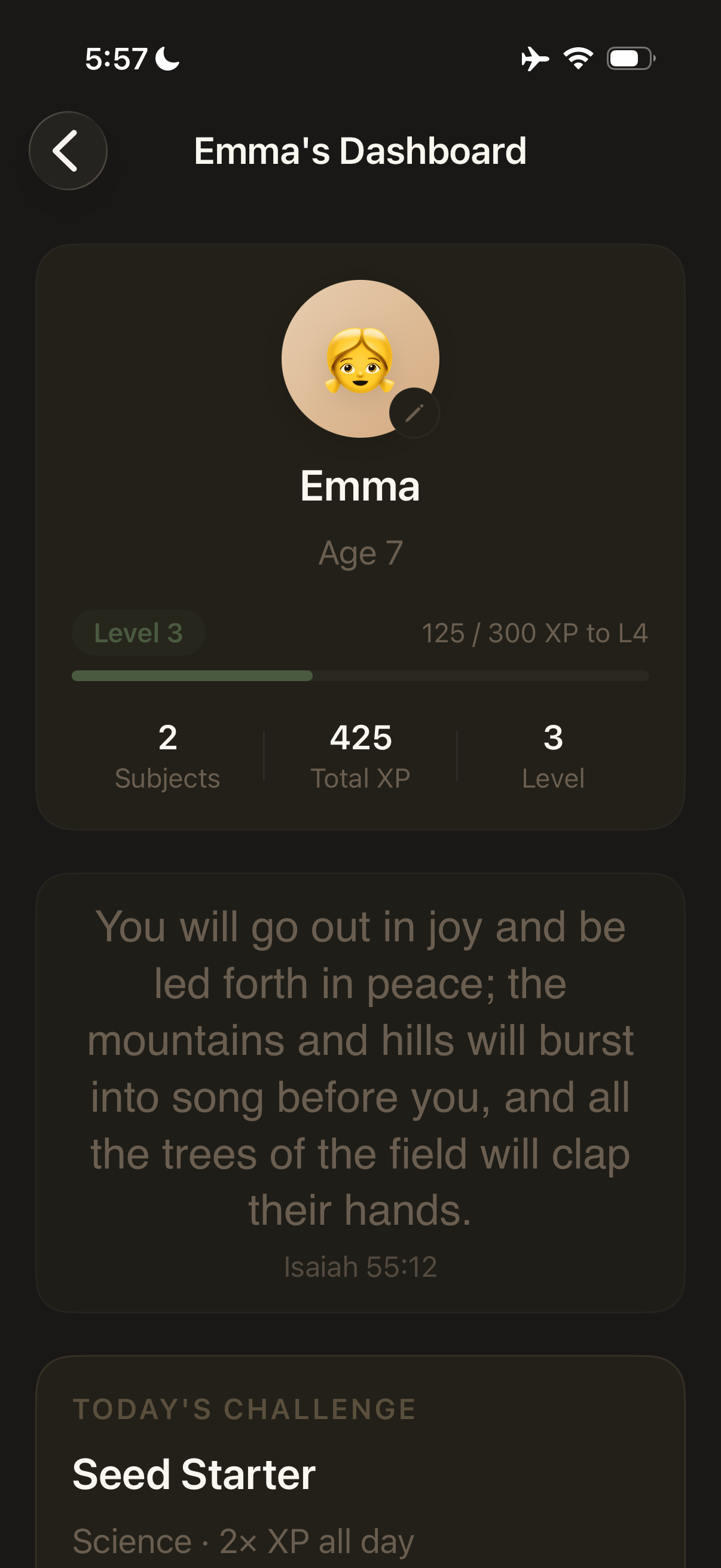 The same child's dashboard on an iPhone in dark mode: level, XP, the daily verse and today's challenge