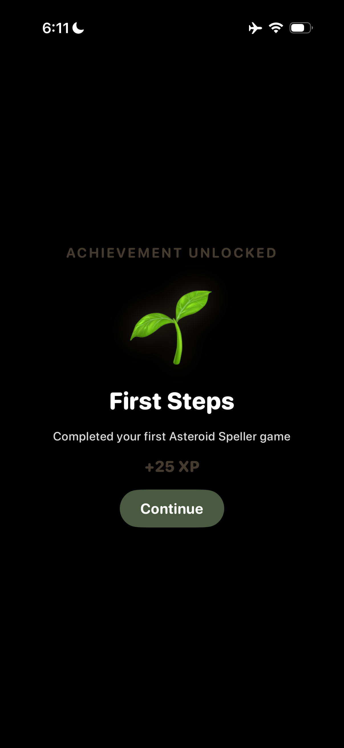 An iPhone showing Achievement Unlocked: First Steps, completed your first Asteroid Speller game, plus 25 XP