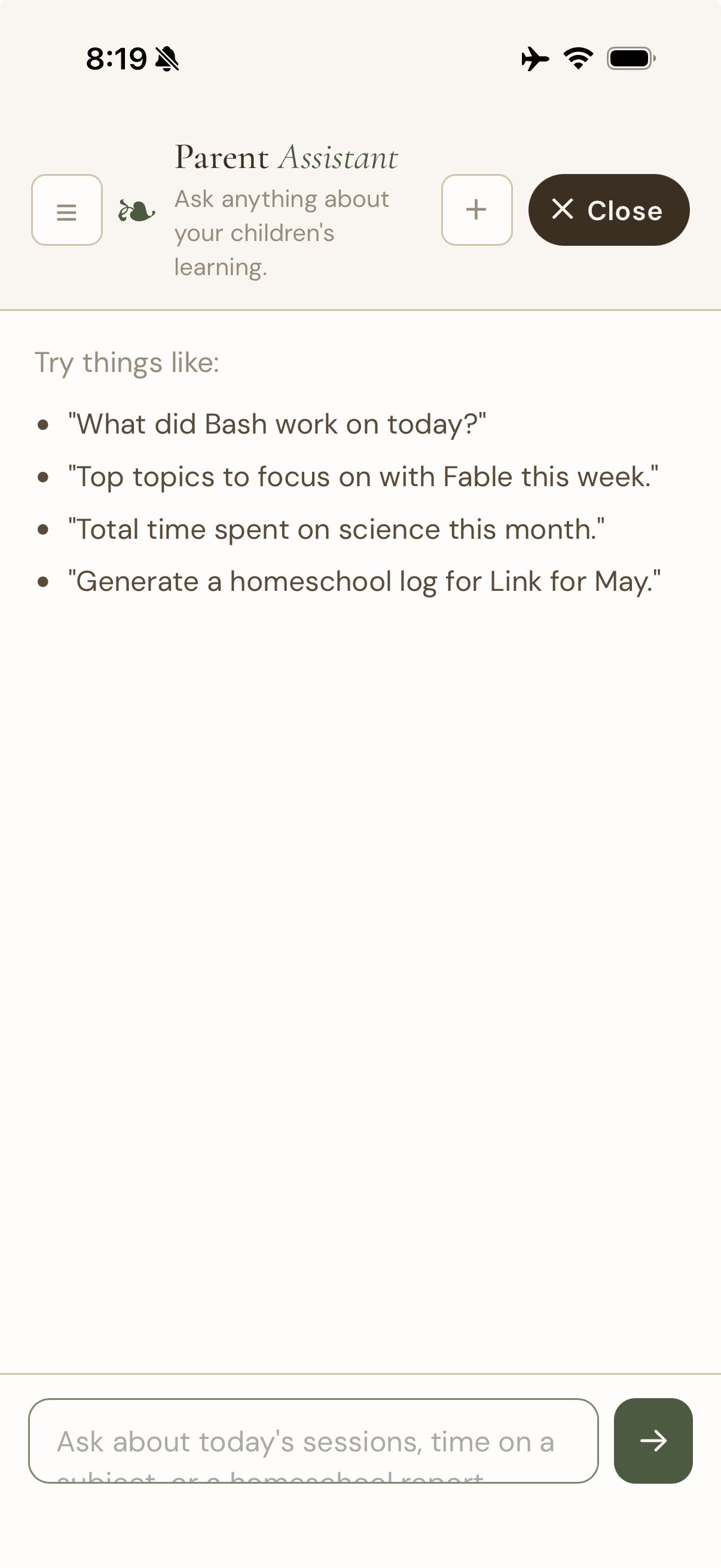 Parent Assistant chat with suggested prompts