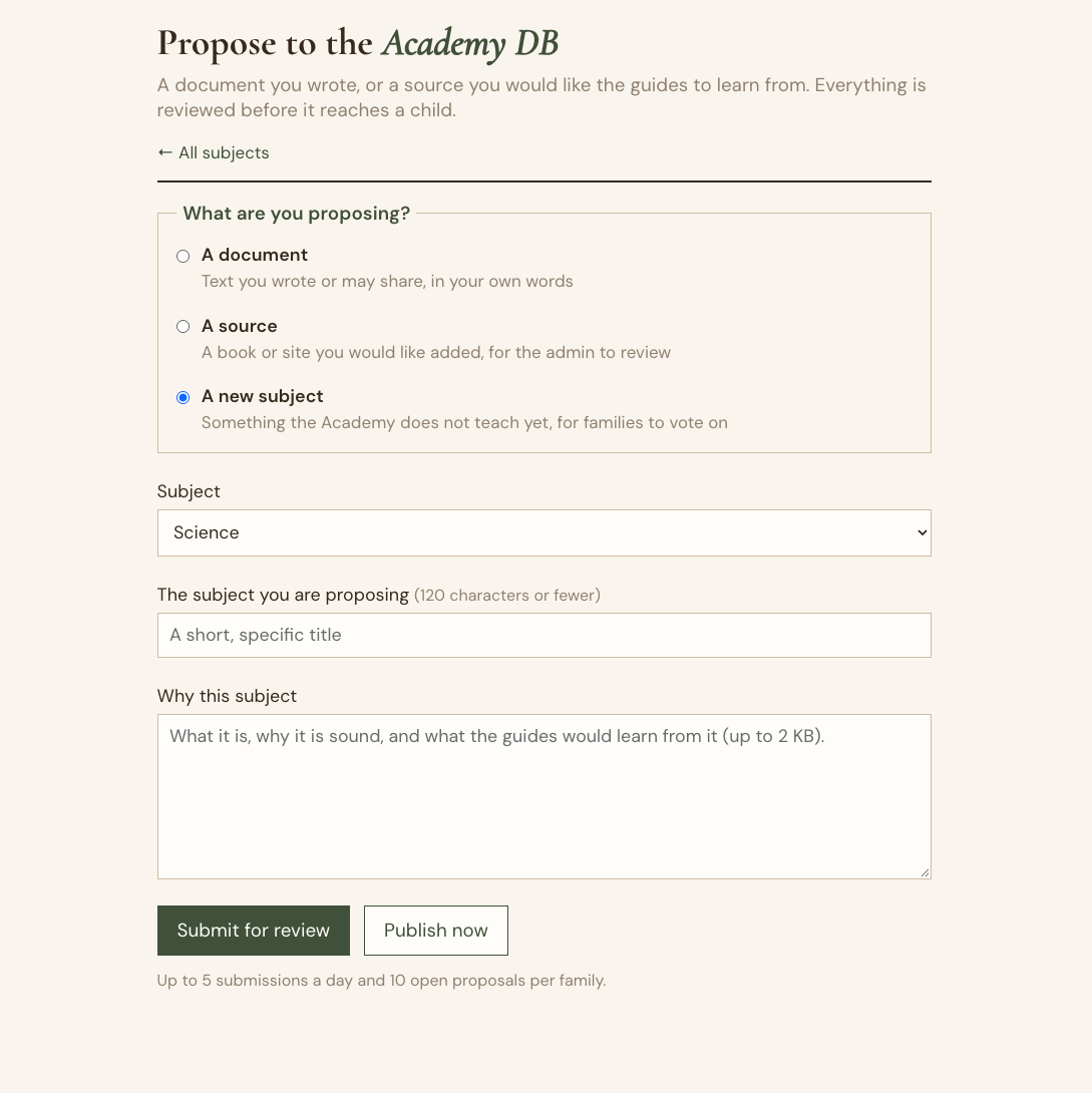 The Propose to the Academy DB form: a document, a source, or a new subject