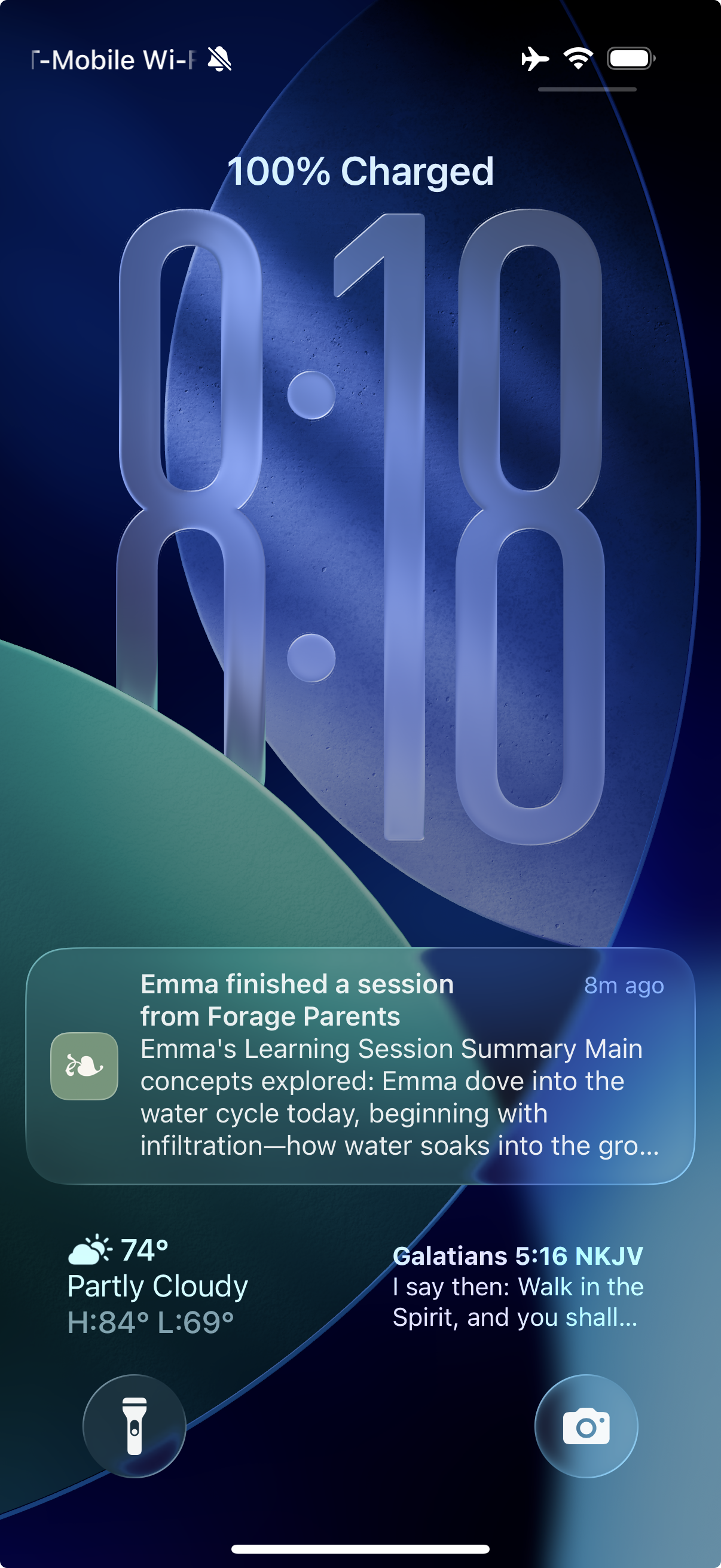 Lock-screen notification: Emma finished a session, Main concepts explored